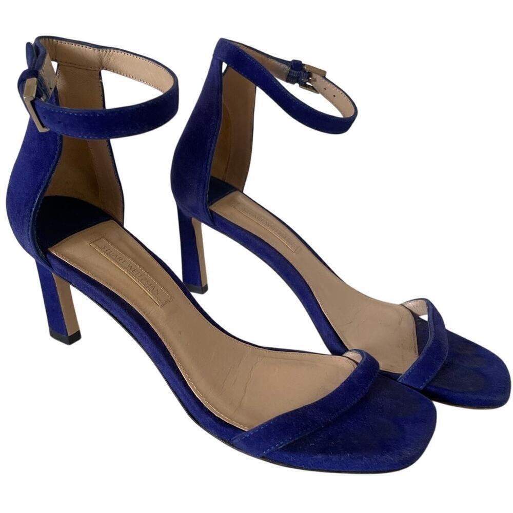 Stuart Weitzman Blue Suede Strappy Square Toe Low Heel Sandal • Size 6.5 ⬇️